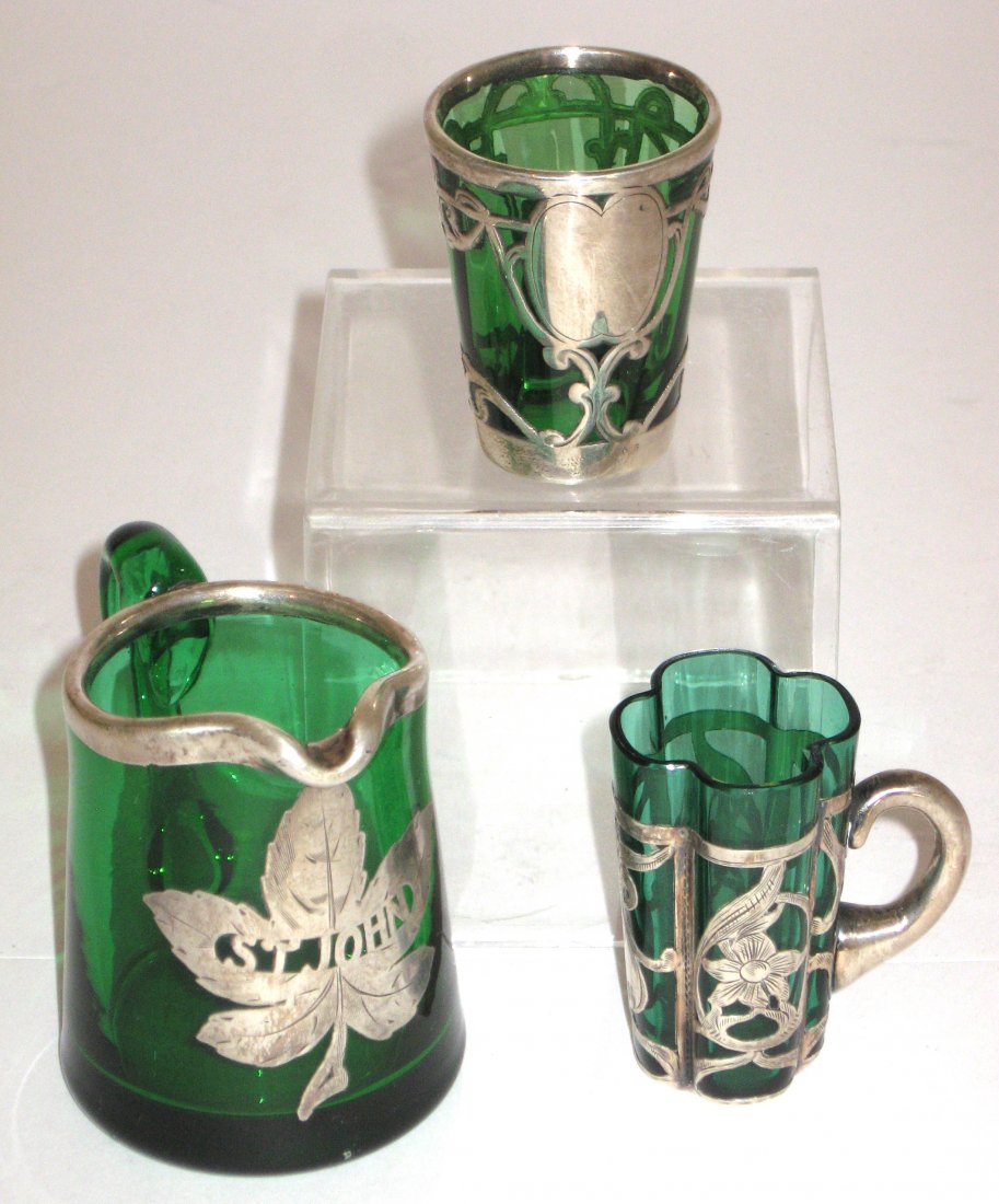 Three green silver overlay glass items, (1 of 5)