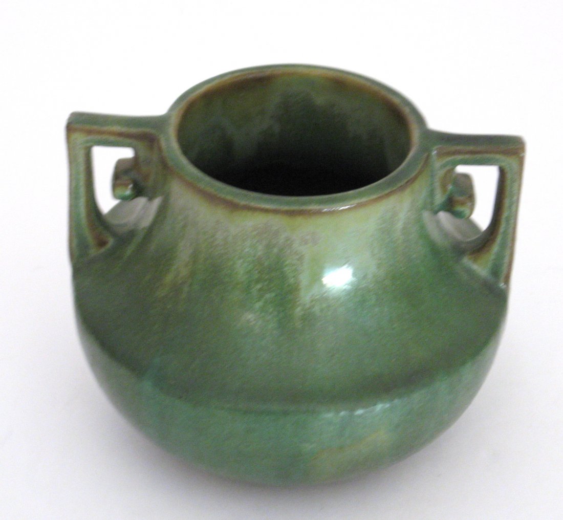 Fulper pottery two handle bowl: Green Matte finish ovoid bowl with two side handles, marked Fulper, 6' wide by 5" ht.