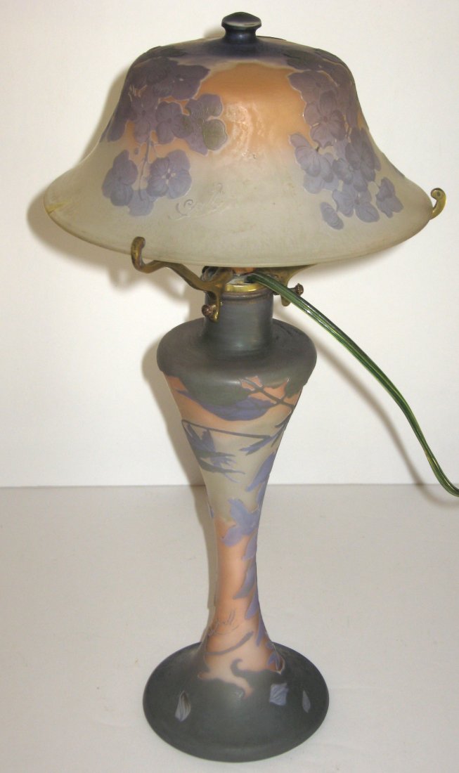Galle French cameo glass lamp,: Shade and base in pink and frosted glass decorated with cameo purple leaves and flowers, unique close top shade with a button glass finial, shade and base signed in cameo Galle, 17" ht.