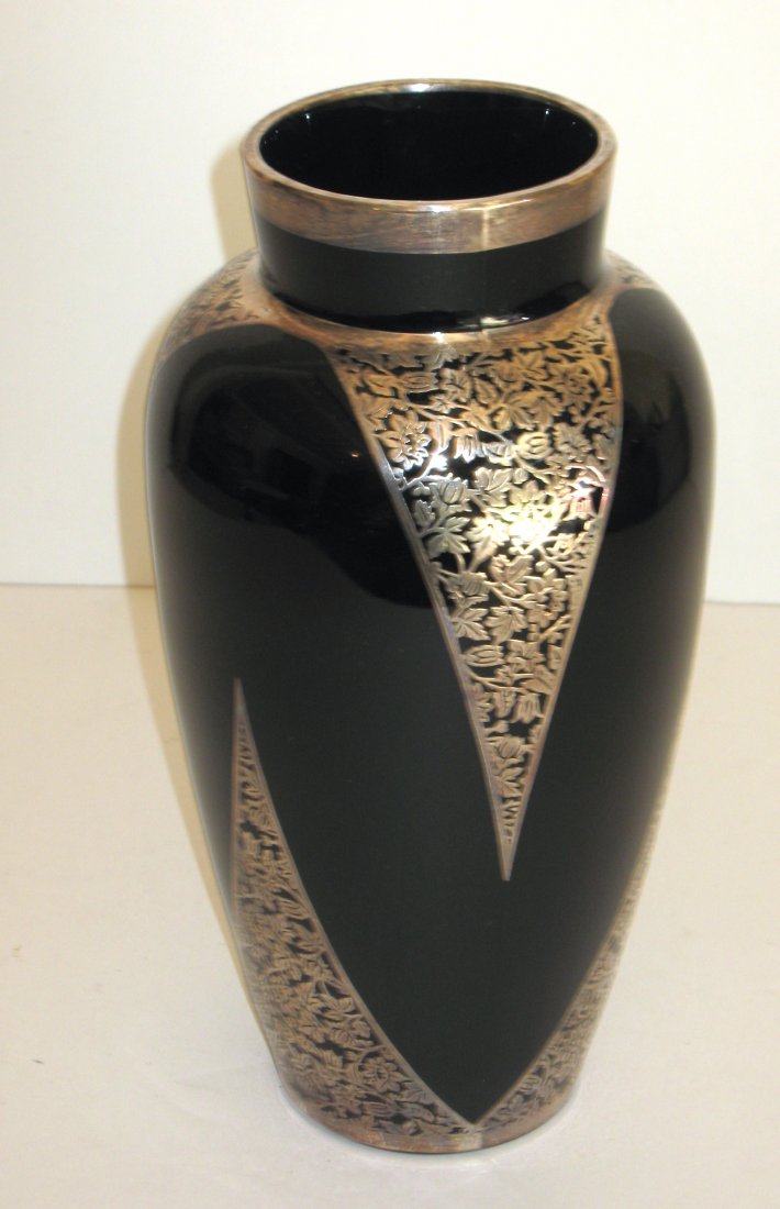 Black Tiffin silver overlay glass vase, (1 of 4)