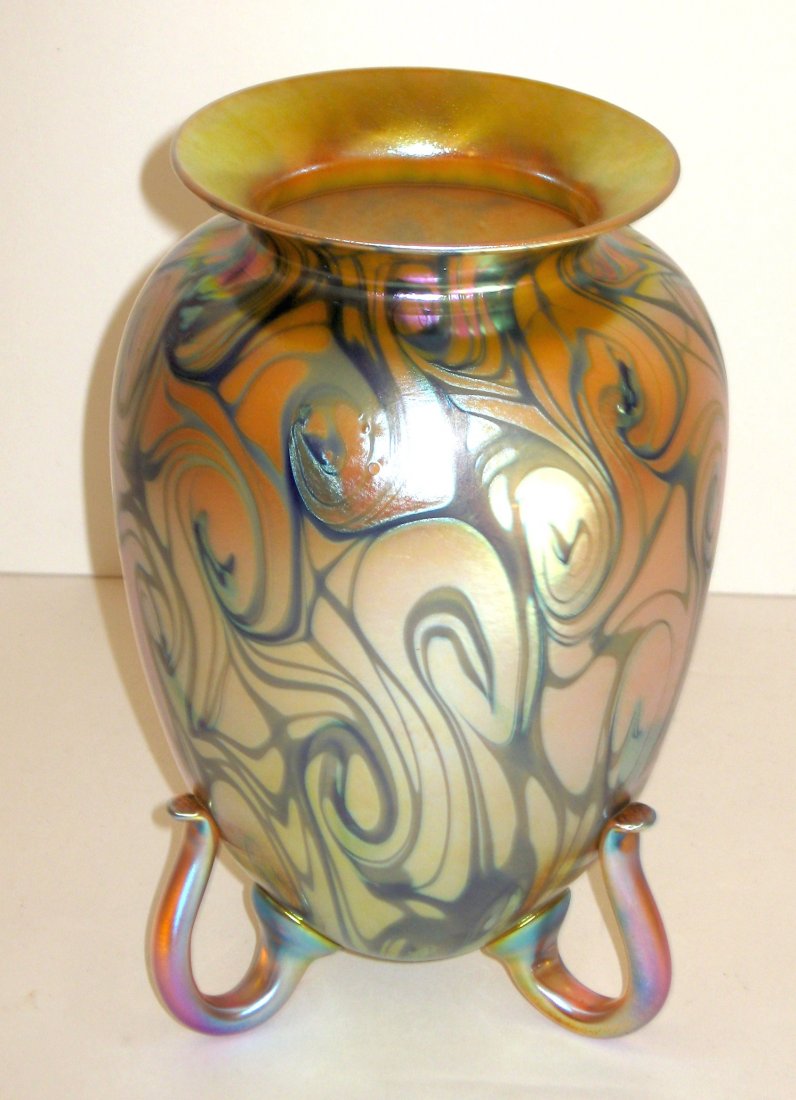 Decorated footed Quezal glass vase, (1 of 5)