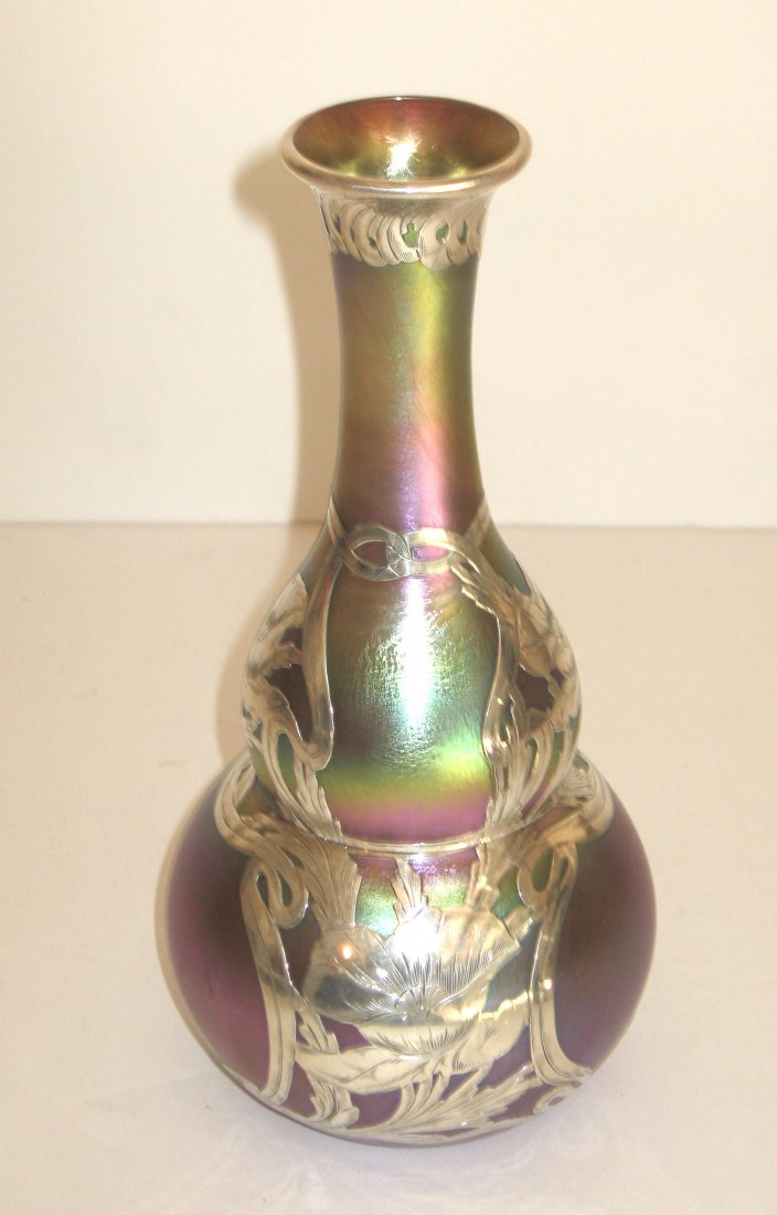 Silver overlay Quezal glass vase, (1 of 6)