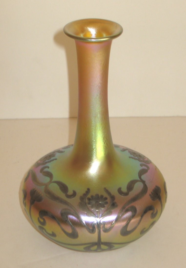 Quezal silver overlay vase, (1 of 5)