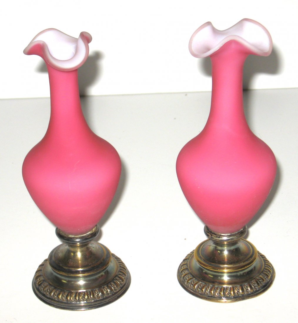 Two Webb pink satin glass and metal vases, (1 of 4)