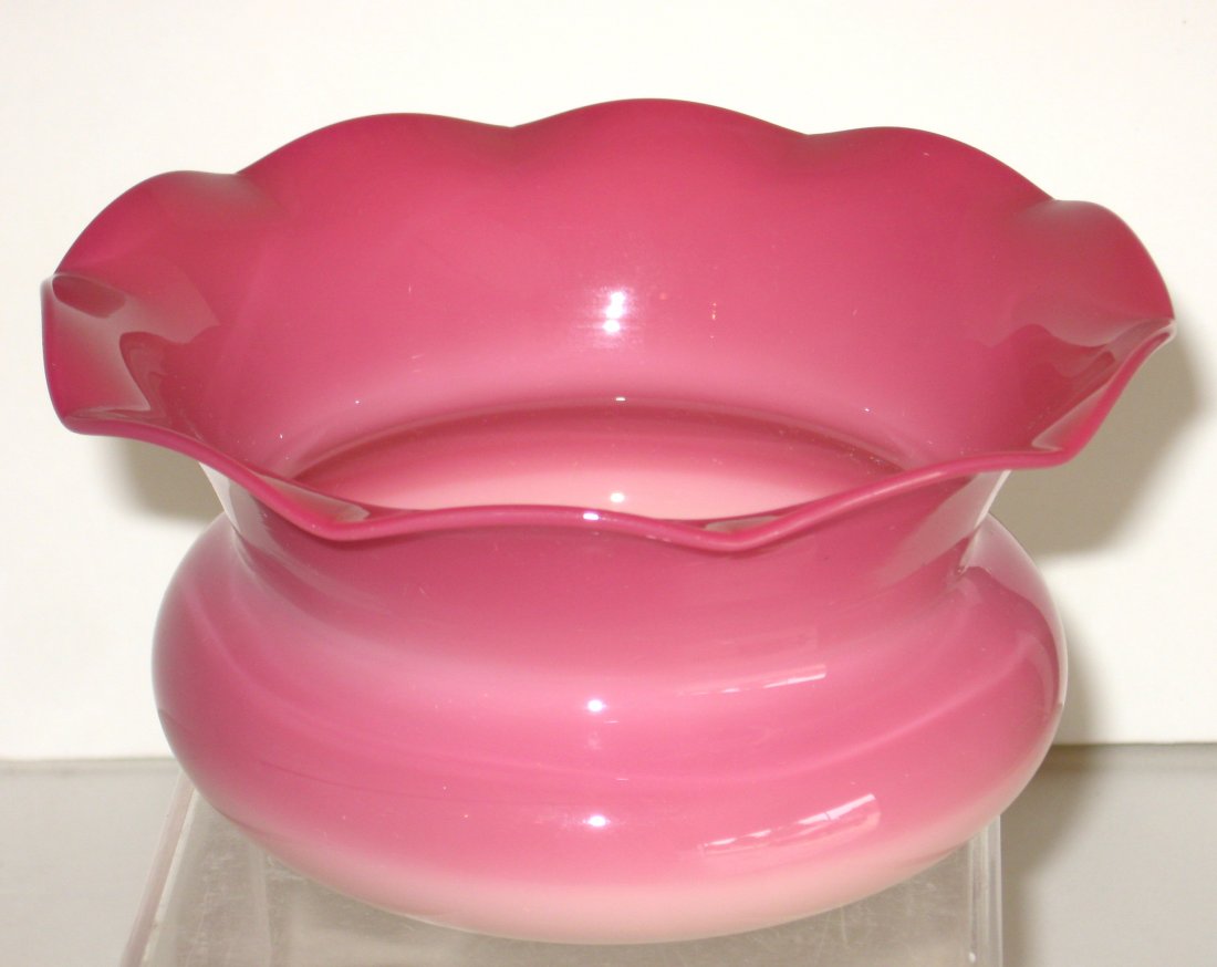 New England Peachblow glass bowl,: Ladies scalloped rim spittoon in opal to rose, PROVENANCE: Fred Rindge collection, 5" wide.