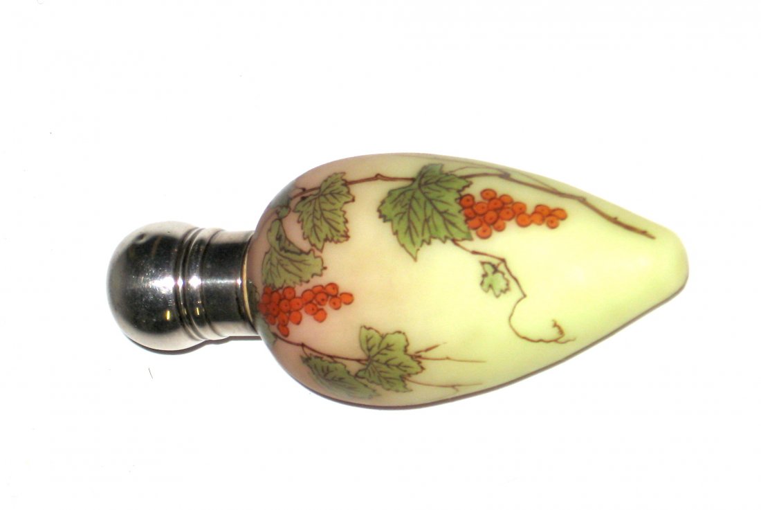 Webb Burmese glass perfume,: Tear drop form in amber to rose decorated with grapes and leafy vines, 3 3/4' long