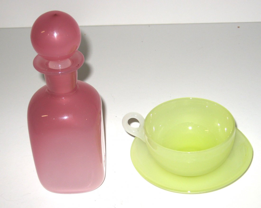 Two Stevens and Williams Jade items,: Including a rectangular perfume in pink opaline glass with a matching ball stopper, together with a yellow jade cup and saucer, attributed to Stevens and Williams, 6 1/2" ht.