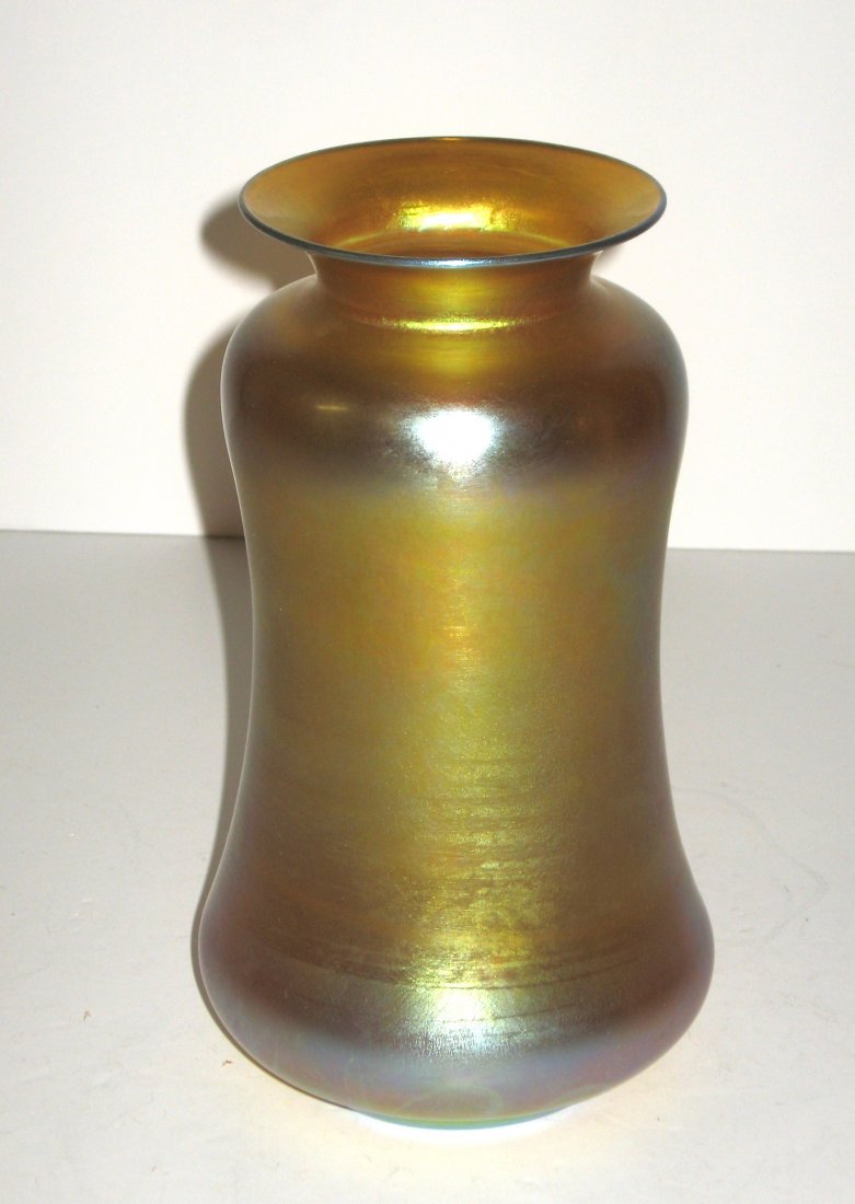 Quezal iridescent gold art glass vase, (1 of 4)