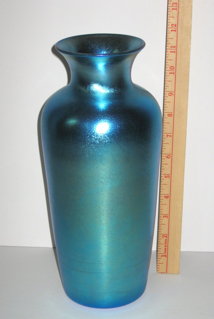 Large Quezal iridescent blue glass vase, (1 of 4)