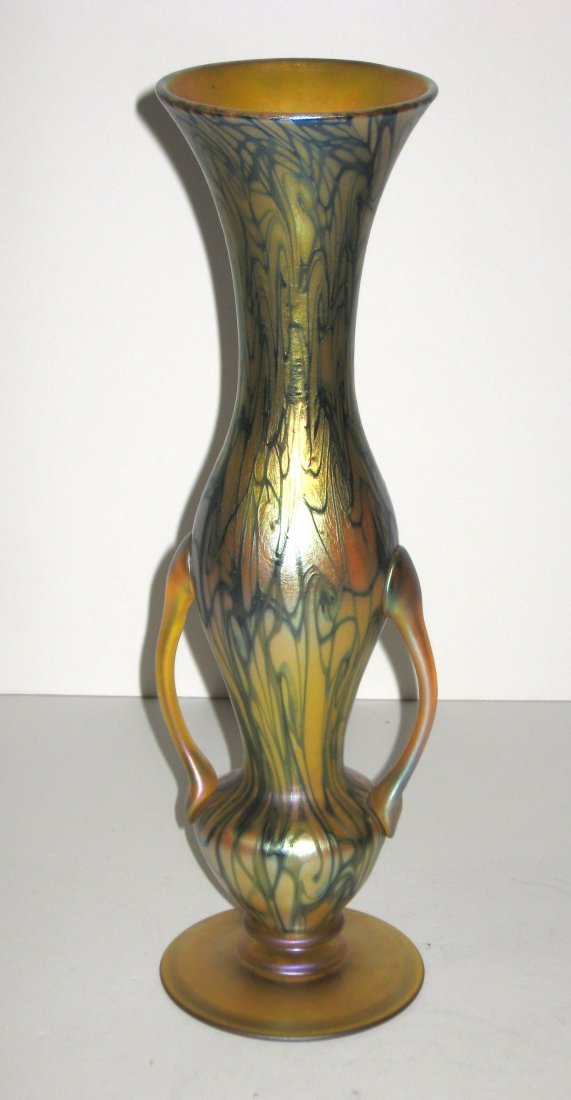 Rare Quezal art glass two handled vase, (1 of 4)