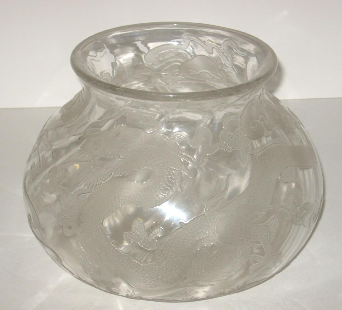 Thomas Webb cameo crystal vase,: Bowl form in crystal glass decorated with a dragon and oriental flowers and clouds, 9 1/2" wide by 7" ht. Condition: good, with no chips, cracks, or repairs.