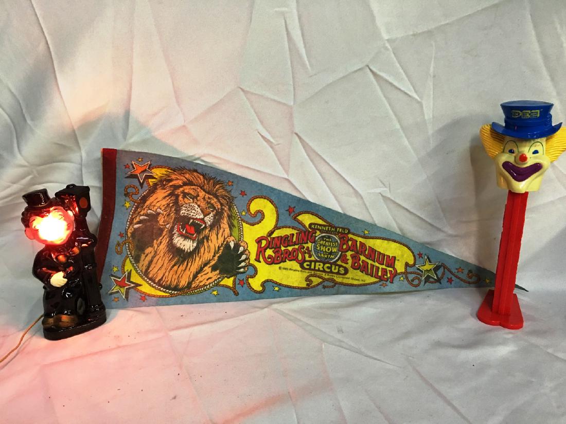 VINTAGE 1960 BAR LAMP,CIRCUS PENNANT, GIANT PEZ: Street Light post Drunk hobo 8.5" Ringling Bros and Barnum & Baily Circus 1985 28" long 1970 Giant Clown head pez dispenser 12.5"