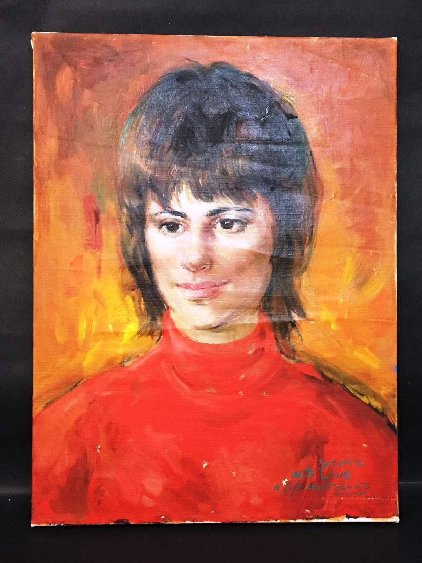 UNFRAMED FEMALE WITH RED TURTLENECK SWEATER: 20" X 24" SIGNED "TO MICHELE WITH LOVE N. BLAZOV ROCKPORT 04/73