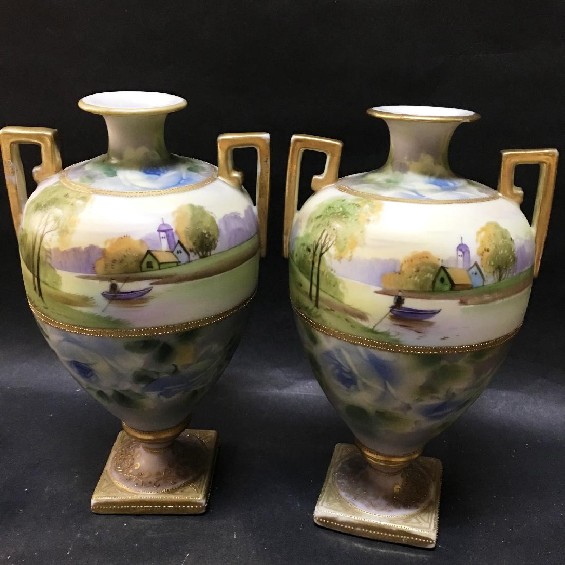 GREEN PAINTED VASES BY NIPPON: 2 vases 6"