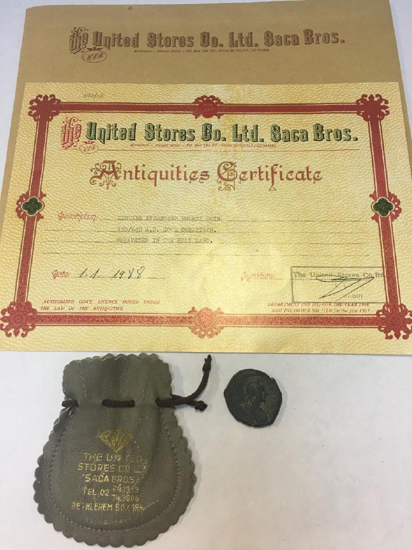 GENUINE BYZANTINE BRONZE COIN 330/640 C.E. GOOD: THE UNITED STORES CO. LTD. SACA BROS. WITH COA