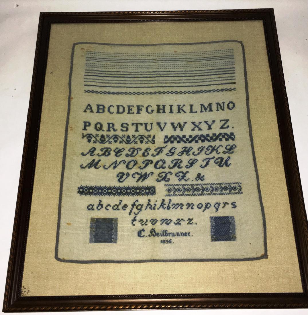BLUE EMBROIDERY SAMPLER: 21.75" X 25.75", DATED 1896