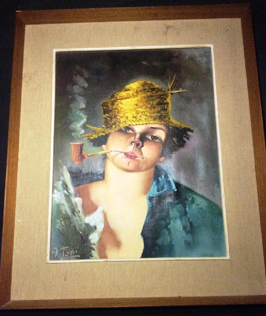 OIL ON CANVAS OF BOY SMOKING PIPE IN STRAW HAT SIGNED (1 of 1)