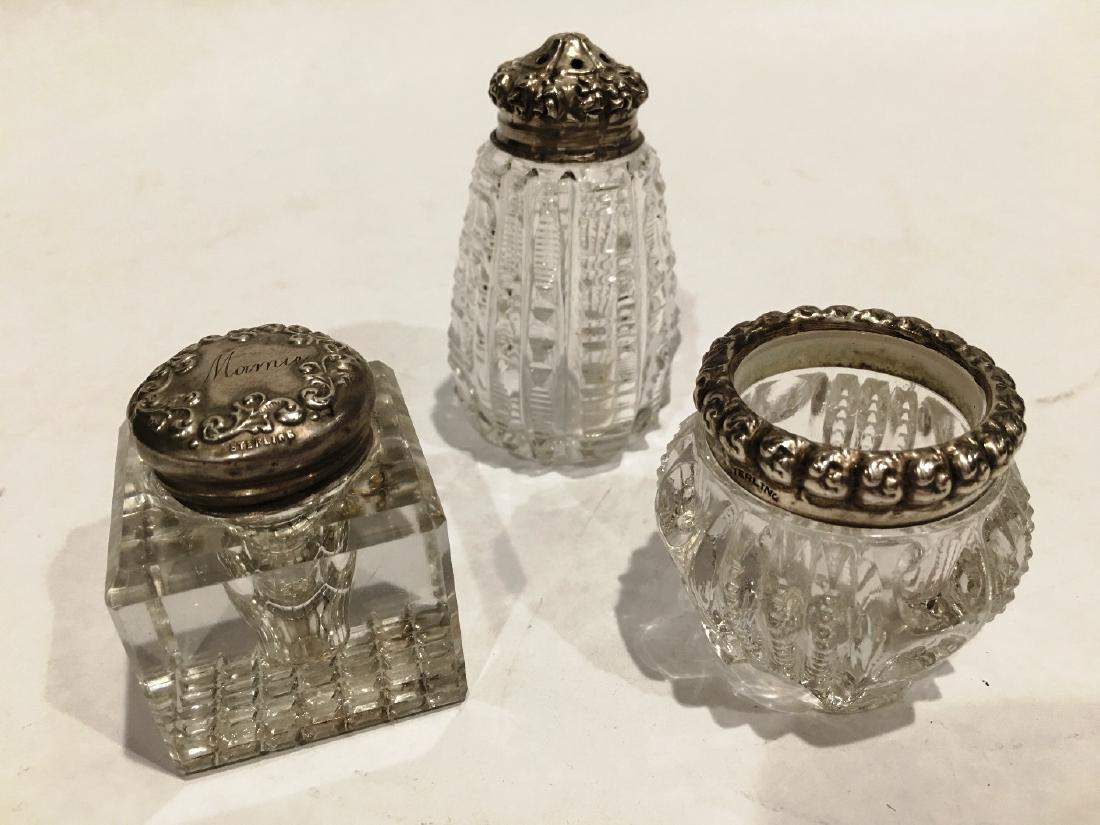 ASST. STERLING LOT: INKWELL WITH STERLING TOP, TOOTHPICK HOLDER WITH STERLING TOP, SALT SHAKER WITH STERLING TOP, CUT GLASS, 2.5" TALLEST