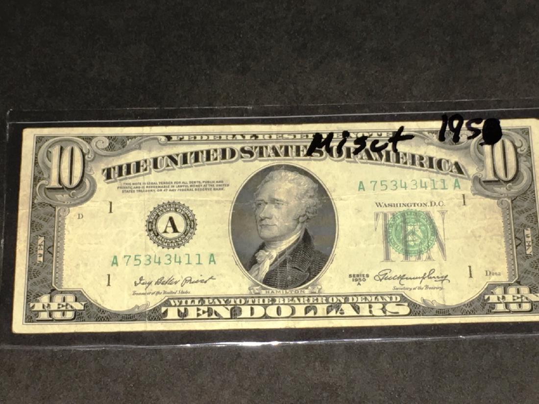 10 DOLLAR BILL 1950A MISCUT