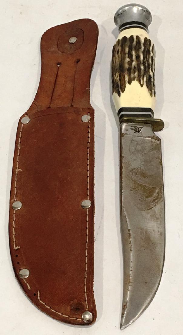 PIC SOLINGEN GERMANY HUNTING KNIFE: STAG HANDLE, LEATHER SHEATH, 9" LONG