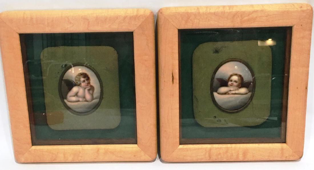 TWO OVAL FRAMED HAND PAINTED CHERUBS (1 of 2)