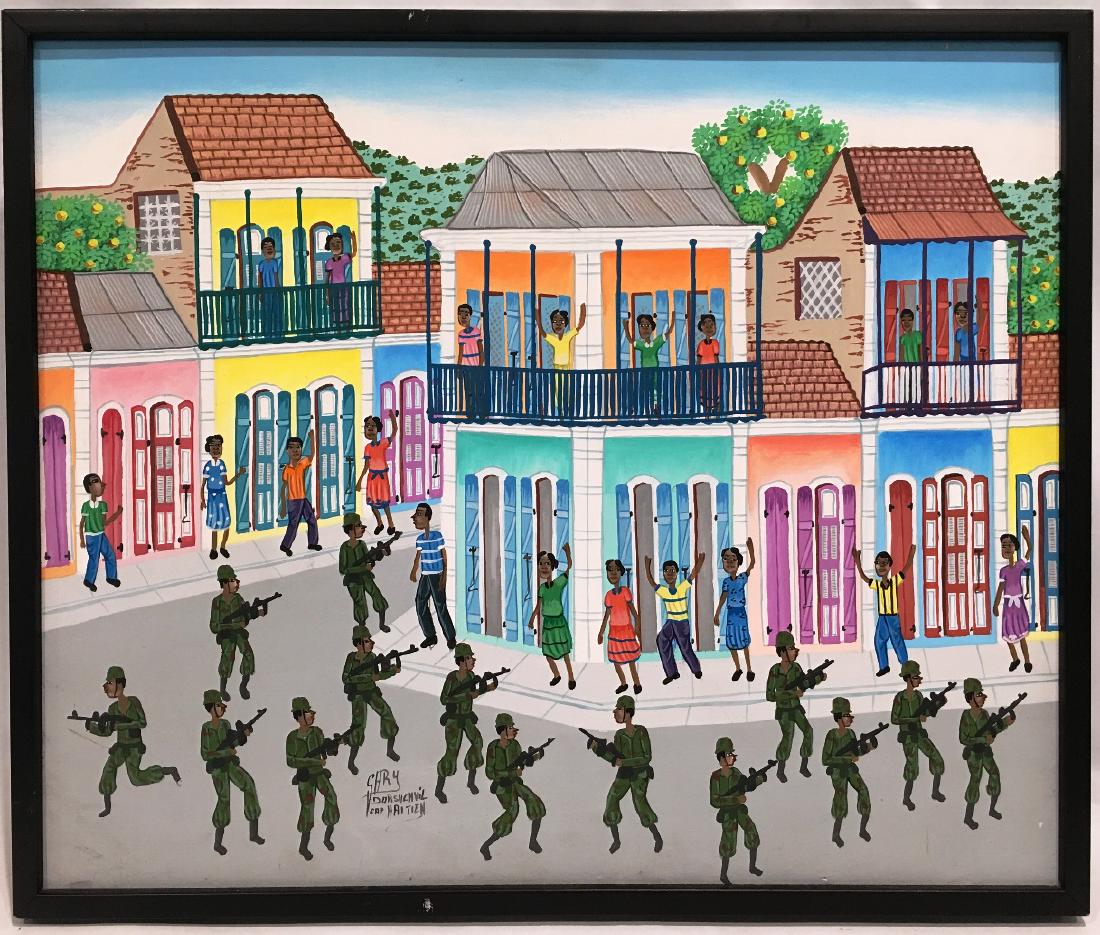 OIL ON CANVAS SIGNED BY GARY DORSAINVIL: HAITIAN ARTIST, 25" WIDE X 21" TALL
