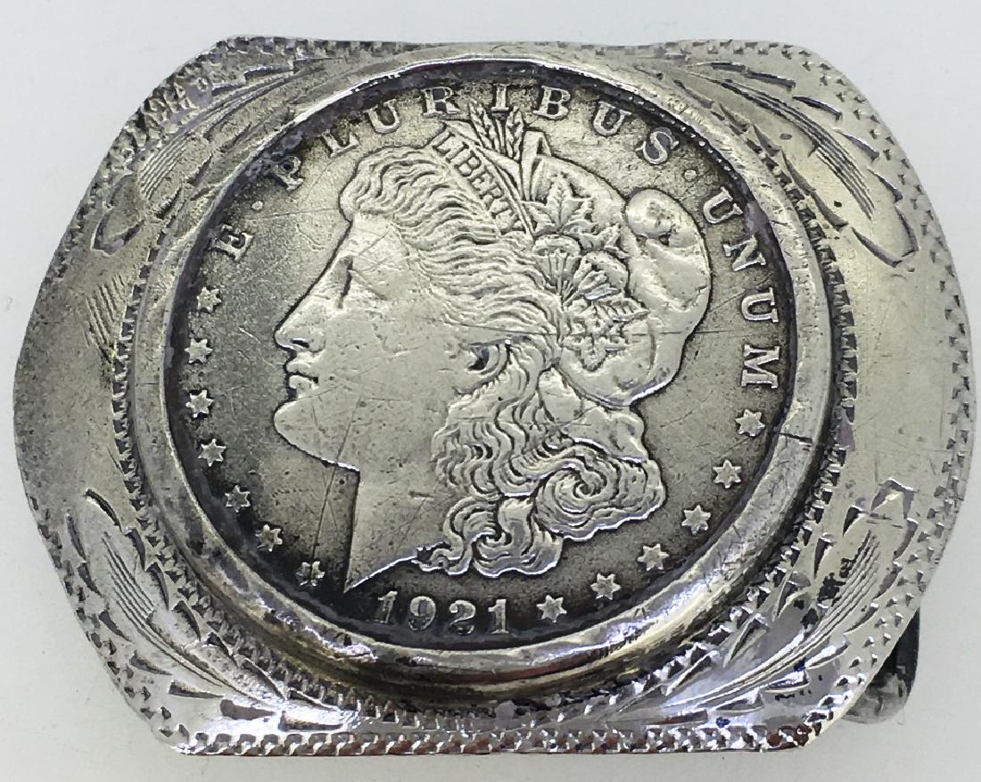 STERLING SILVER 1921 MORGAN SILVER DOLLAR BELT BUCKLE: net weight: 44.0g, marked on reverse