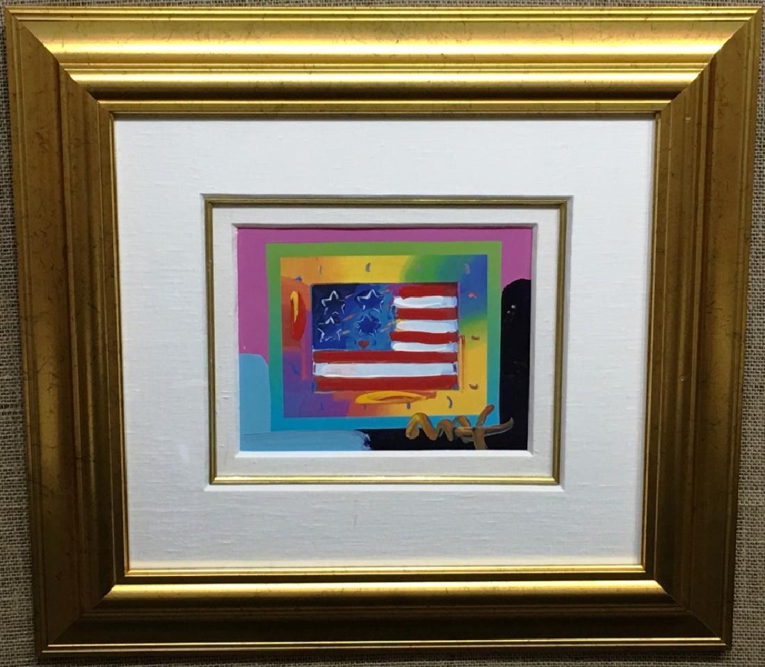 PETER MAX "FLAG WITH HEART ON BLENDS" MIXED MEDIA: ACRYLIC PAINT AND COLOR LITHOGRAPHY ON PAPER, SIGNED, 8" X 10", 22" X 23.5" FRAMED