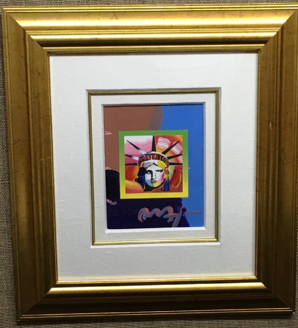 PETER MAX "LIBERTY HEAD II BLENDS" MIXED MEDIA: 2006, ACRYLIC PAINT WITH COLOR LITHOGRAPHY ON PAPER, SIGNED, 10" X 8", 22" X 21.5" FRAMED