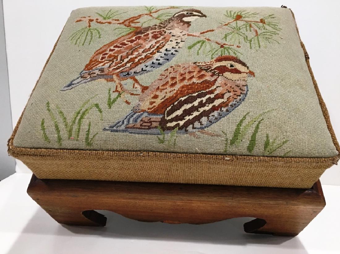 NEEDLEPOINT QUAIL FOOT REST: 19" X 15", SEE PHOTOS FOR WEARING