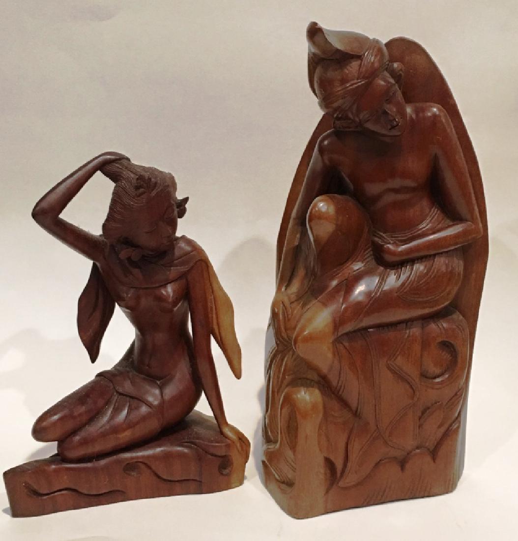 BALINESE WOOD CARVINGS GROUP: TWO WOOD CARVED WOMEN FIGURES, TALLEST IS 11.5" TALL, BALI