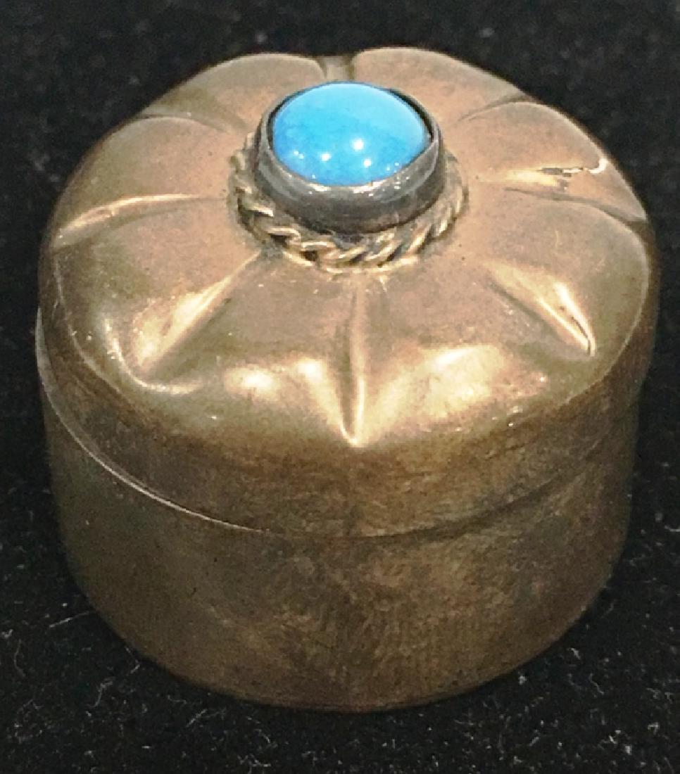 SILVER COVERED BOX WITH TURQOISE TOP: UNMARKED POSSIBLY PILL BOX, 1.25" IN DIAMETER