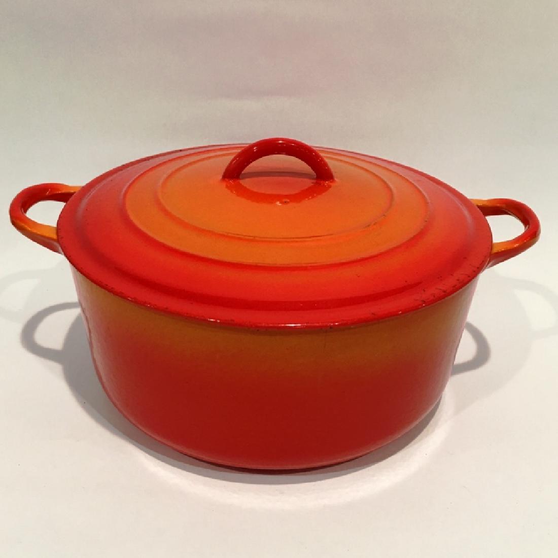 LE CREUSET DUTCH OVEN ORANGE FLAME COVERED POT: DOUBLE HANDLED, "E", 12" IN DIAMETER