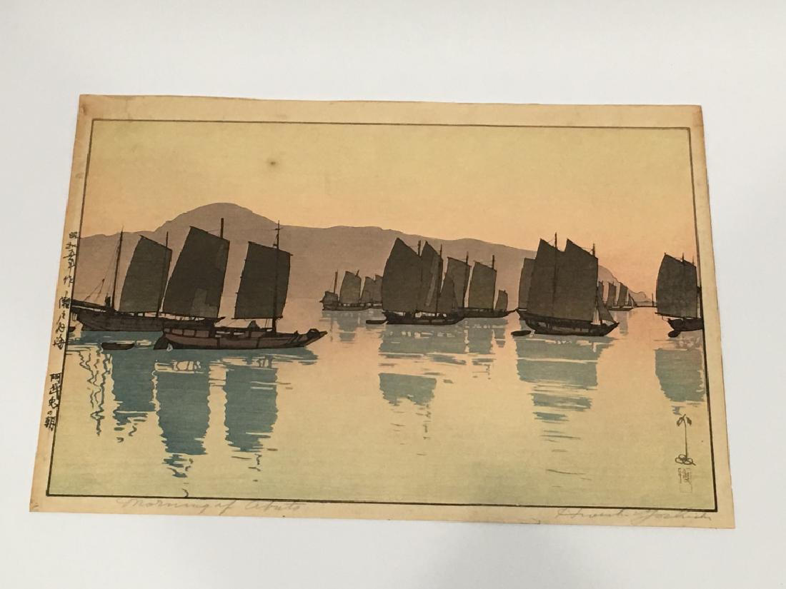 JAPANESE WOODBLOCK YOSHIDA HIROSHI: MORNING AT ABUTO (ABUTO NOASA) FROM THE SERIES INLAND SEA (SETO NAIKAI), 15.5" X 11"