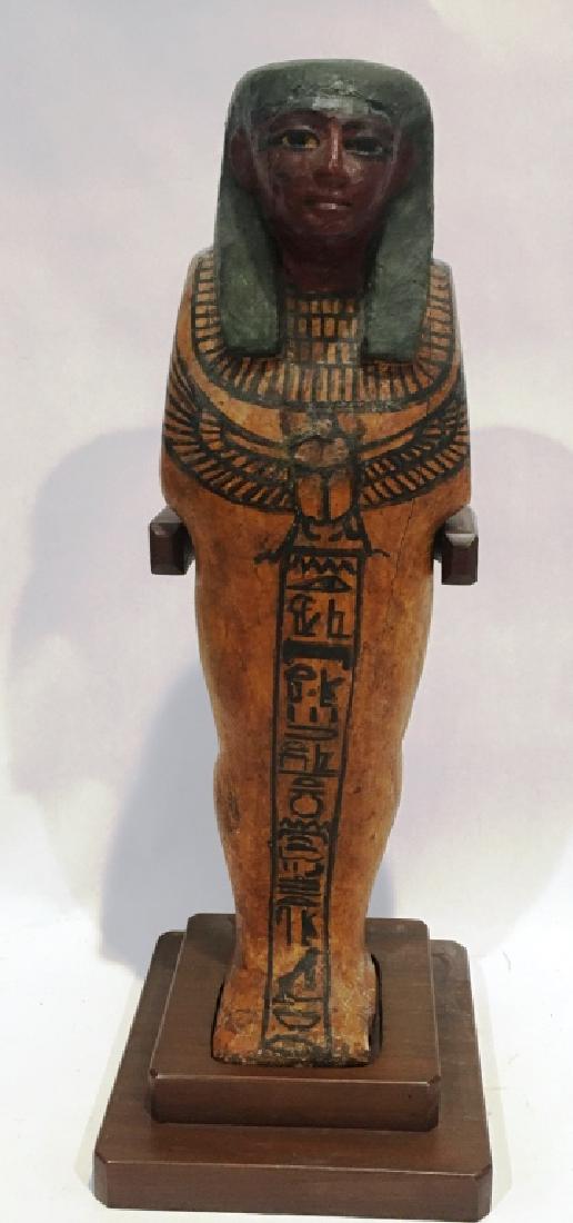ANCIENT EGYPTIAN WOODEN PTAH SOKAR OSIRIS: POLYCHROMED, STANDING 16.5" TALL ON STAND