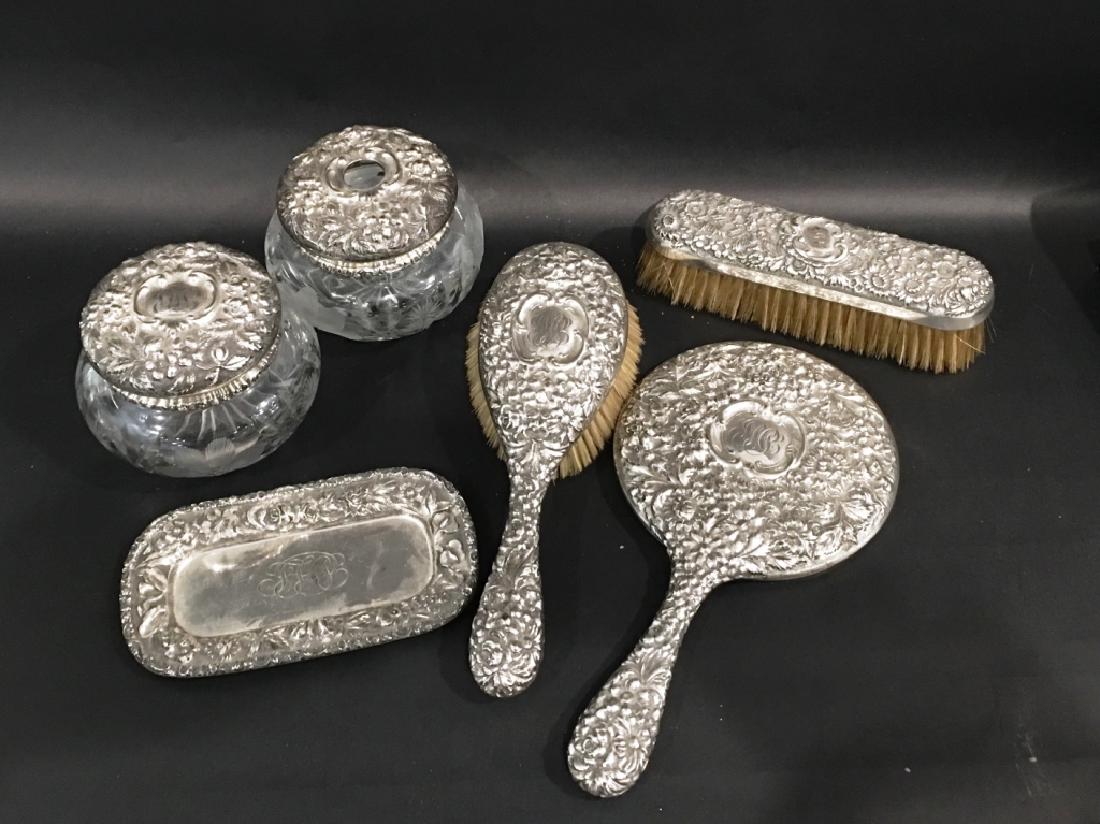6 PC STEIFF STERLING DRESSER SET: STEIFF REPOUSSE, LARGE SET, HEAVY