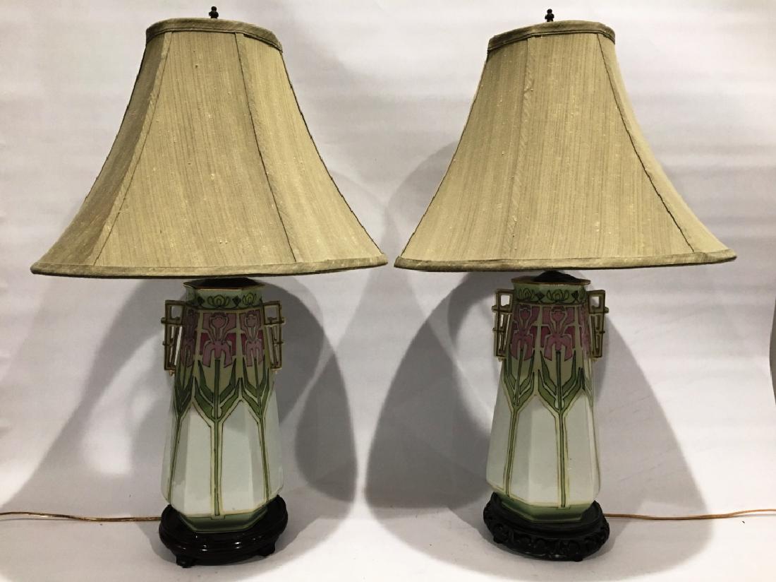 PAIR OF NIPPON LAMPS: GREEN, PINK, AND WHITE, 26.5" TALL