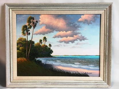 GEORGE BUCKNER FLORIDA HIGHWAYMEN PAINTING: BUCKNER, GEORGE (AMERICAN, 1943-2002), ONE OF THE ORIGINAL FLORIDA HIGHWAYMEN, EGRET ON THE BEACH, OIL ON CANVAS, 29.5" X 23.5", SIGNED