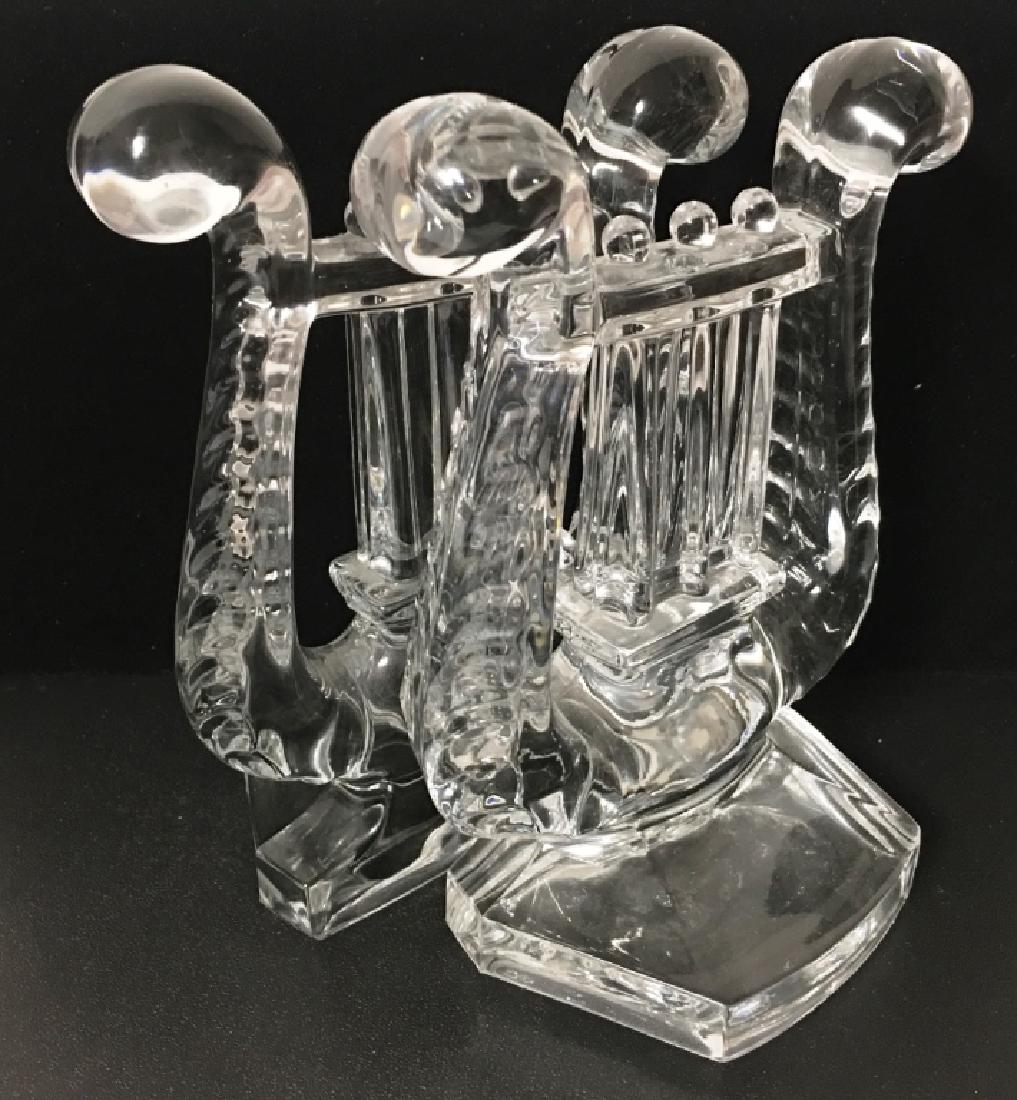 SET FOSTORIA ELEGANT GLASS LYRE HARP BOOKENDS: CLEAR IN COLOR, APPEAR UNUSED, 7.5" TALL