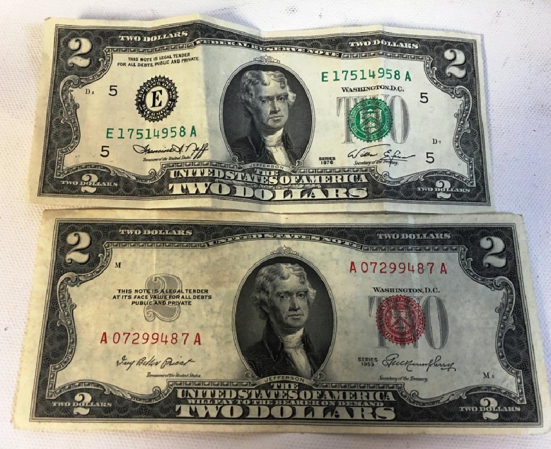 2 $2 BILLS: 1953 RED SEAL AND 1976 GREEN SEAL