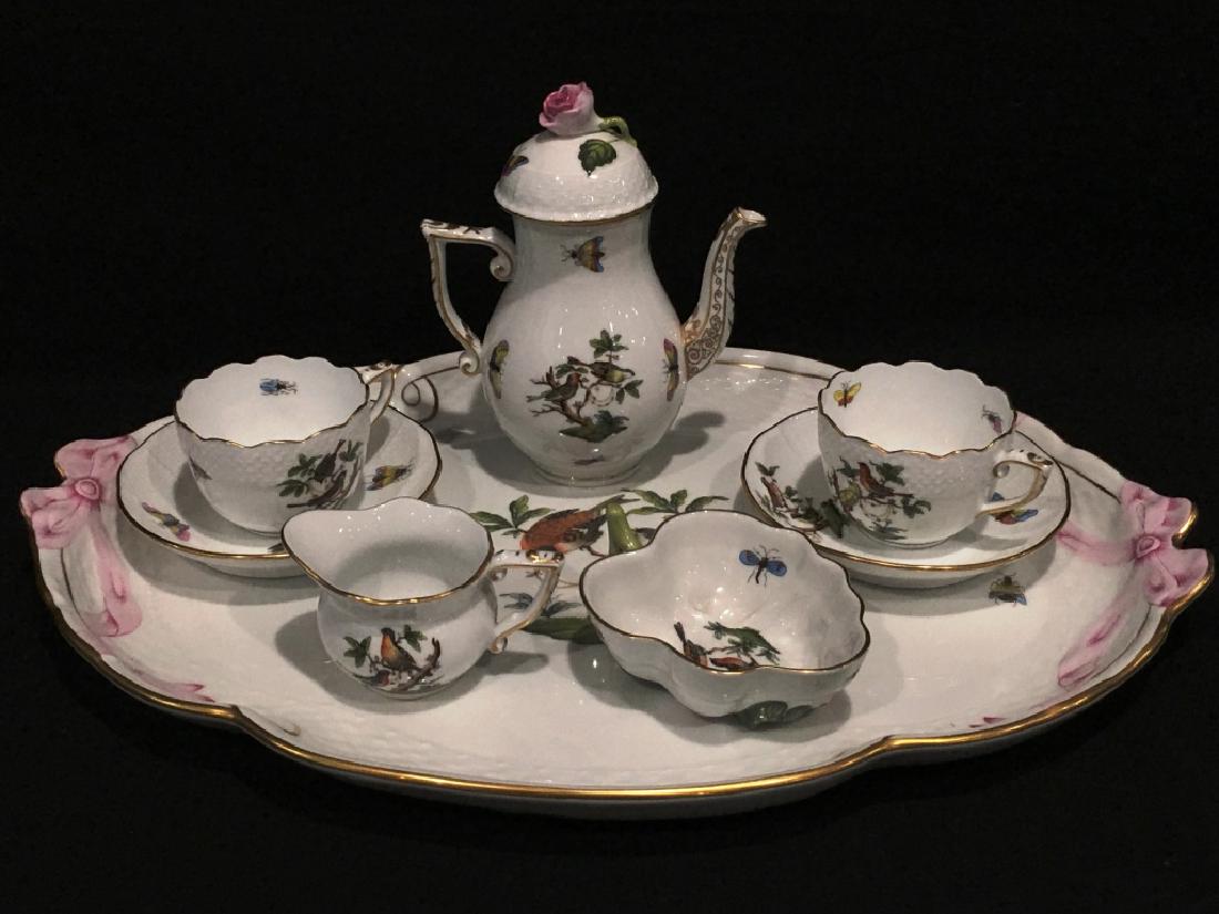 HEREND TEA SET 9 PC: NINE PIECE HEREND TEA SET. BIRDS, BUTTERFLIES, AND BEES MOTIF. 16" DIAMETER OF PLATTER.