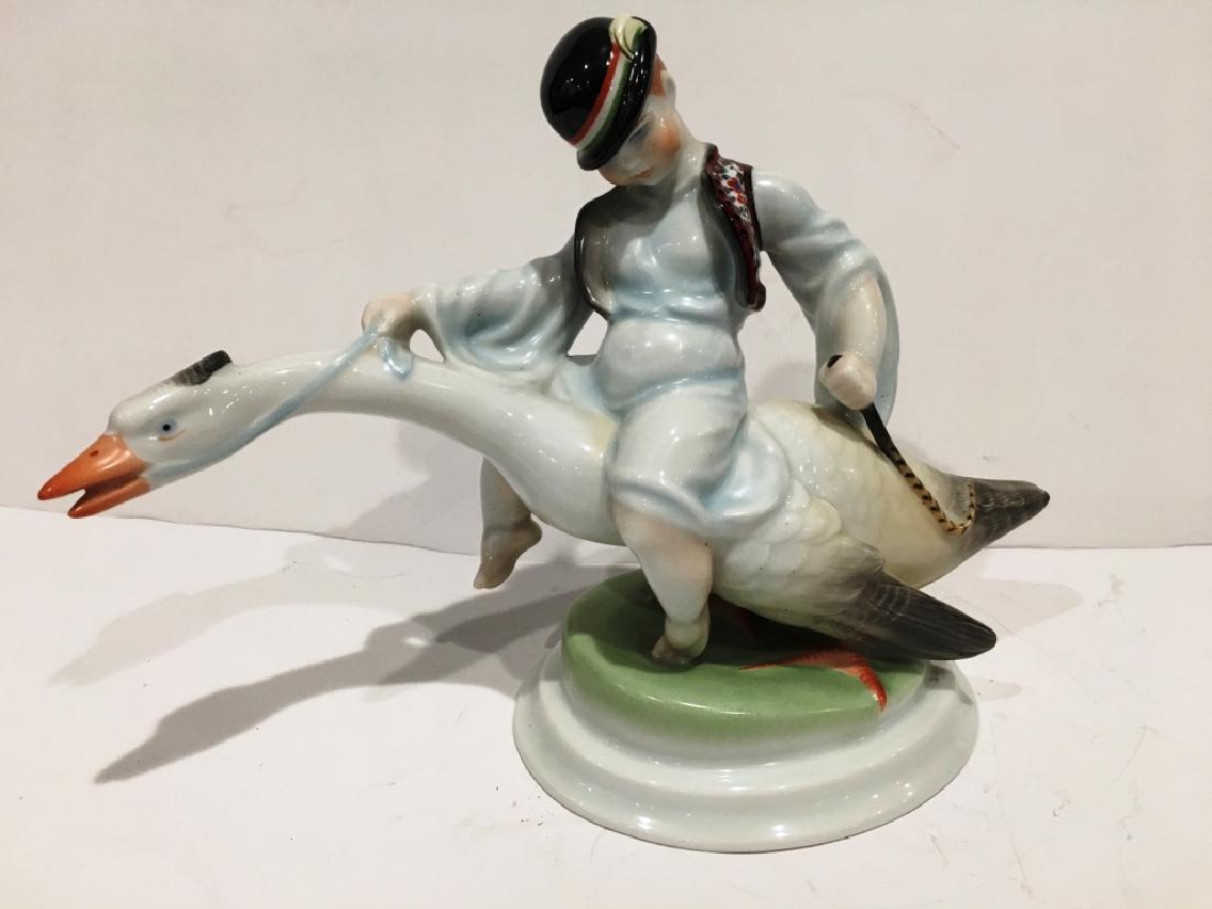 HEREND BOY ON GOOSE: 10.5" X 8"