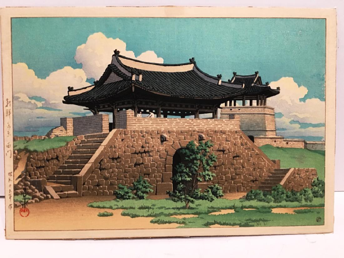KAWASE HASUI JAPANESE WOODBLOCK: WEST GATE SUIGEN, KOREA, (1883 -1957), FRAMED, 14" X 18.75", SIGNED IN LOWER LEFT CORNER WITH SEAL IN LOWER RIGHT CORNER