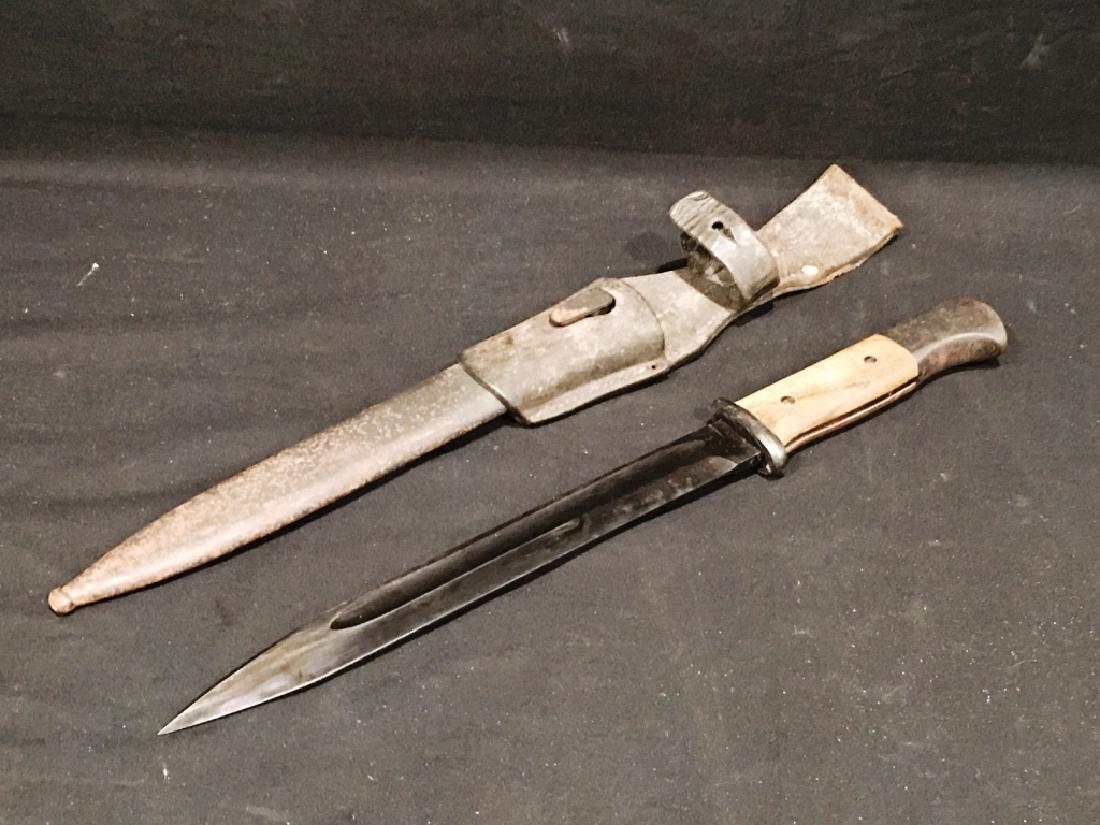 ORIGINAL WWII 98K RIFLE BAYONET: #2249, 43 ASW, METAL SHEATH WITH BELT FROG, ETCHED ON TO HANDLE " 9/13/44 BREST FRANCE DEVANE"