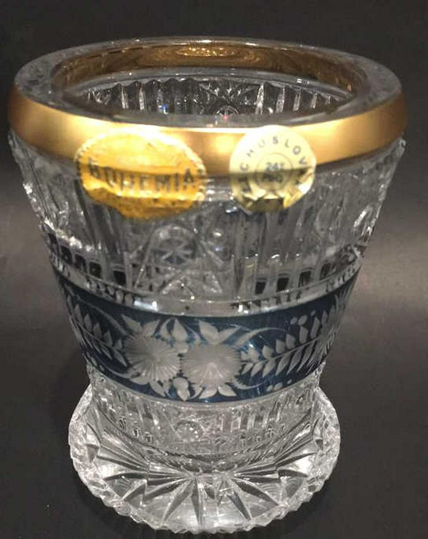 Bohemian Friendship Cup: Heavy glass, clear with blue center and etched flowers. Gold rim, label reads Bohemian Czechoslovakian. Hand cut 5” x 3.75”