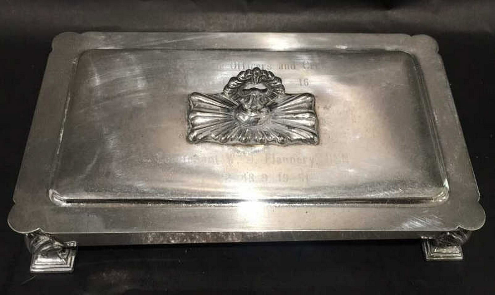 USS Tringa ASR 16 Ronson silverplate cigeratte box: Engraved for the officers and crew, marked on bottom, 7 inches long and 4 inches wide