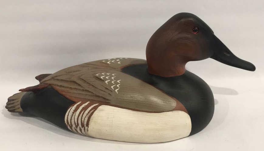 Tom Taber duck decoy: Ducks unlimited encore collection, 17 inches wide by 7 inches tall, glass eyes