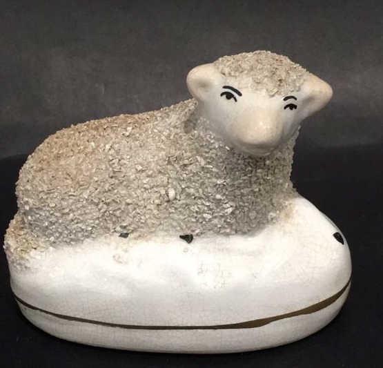 English Staffordshire sheep: 3 1/4 inches long by 2 5/8 inches tall