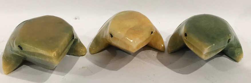 Three Mid Century alabaster frogs: 2 1/2 inches tall by 3 1/2 inches wide