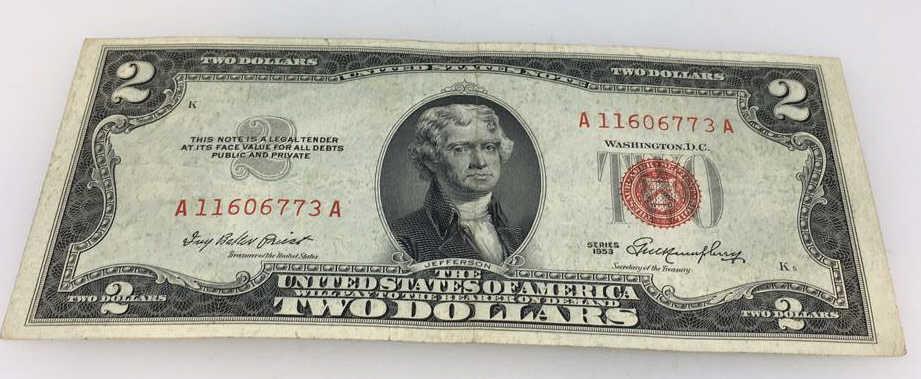 1953 $2 (two) dollar bill red seal: Serial number: A11606773A